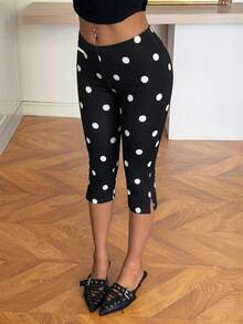 SHEIN EZwear Quần legging nữ dài đến khuỷu tay, họa tiết chấm bi trắng. - màu đen - Xem 4