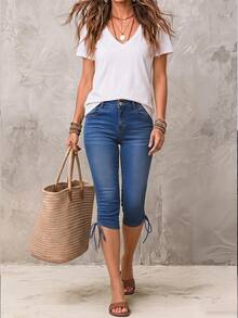 SHEIN LUNE Jeans de mezclilla de 3/4 de longitud, con cordón, fruncido y retorcido, para uso casual y de oficina para mujeres - Azul - Ver 2