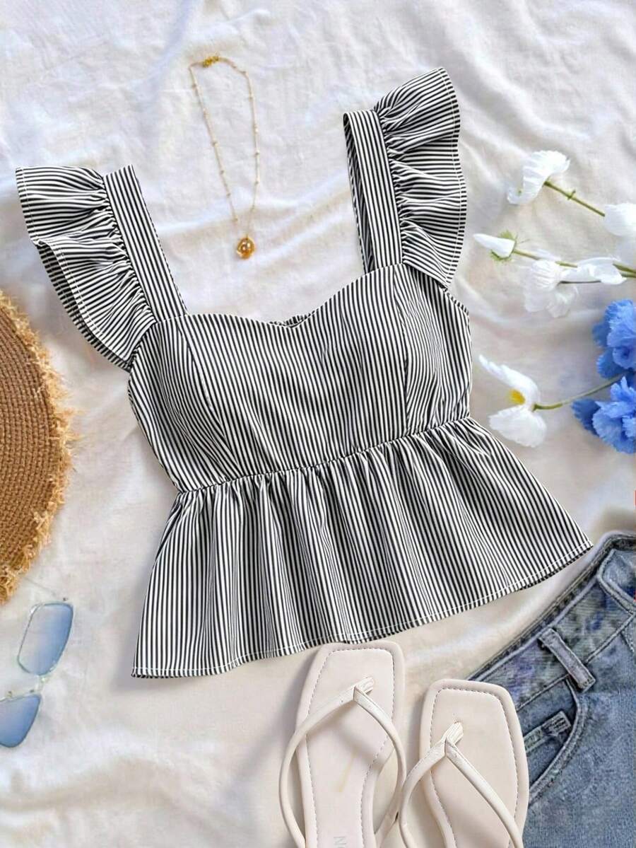 SHEIN Franclia INS 休閒法式浪漫度假女款短袖上衣 黑白條紋 夏季 - 黑色 - 查看 1