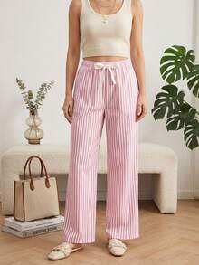 Palazzo Striped Pants With Elastic Waist - Pink - View 5