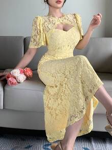 DAZY Đầm dài ren cổ tròn thanh lịch dành cho nữ, thích hợp cho mùa xuân và mùa hè. - Hồng - Xem 6