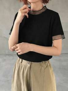 FRIFUL 素色拼接透視波點網布寬鬆休閒百搭T恤 夏季款 - 黑色 - 查看 3
