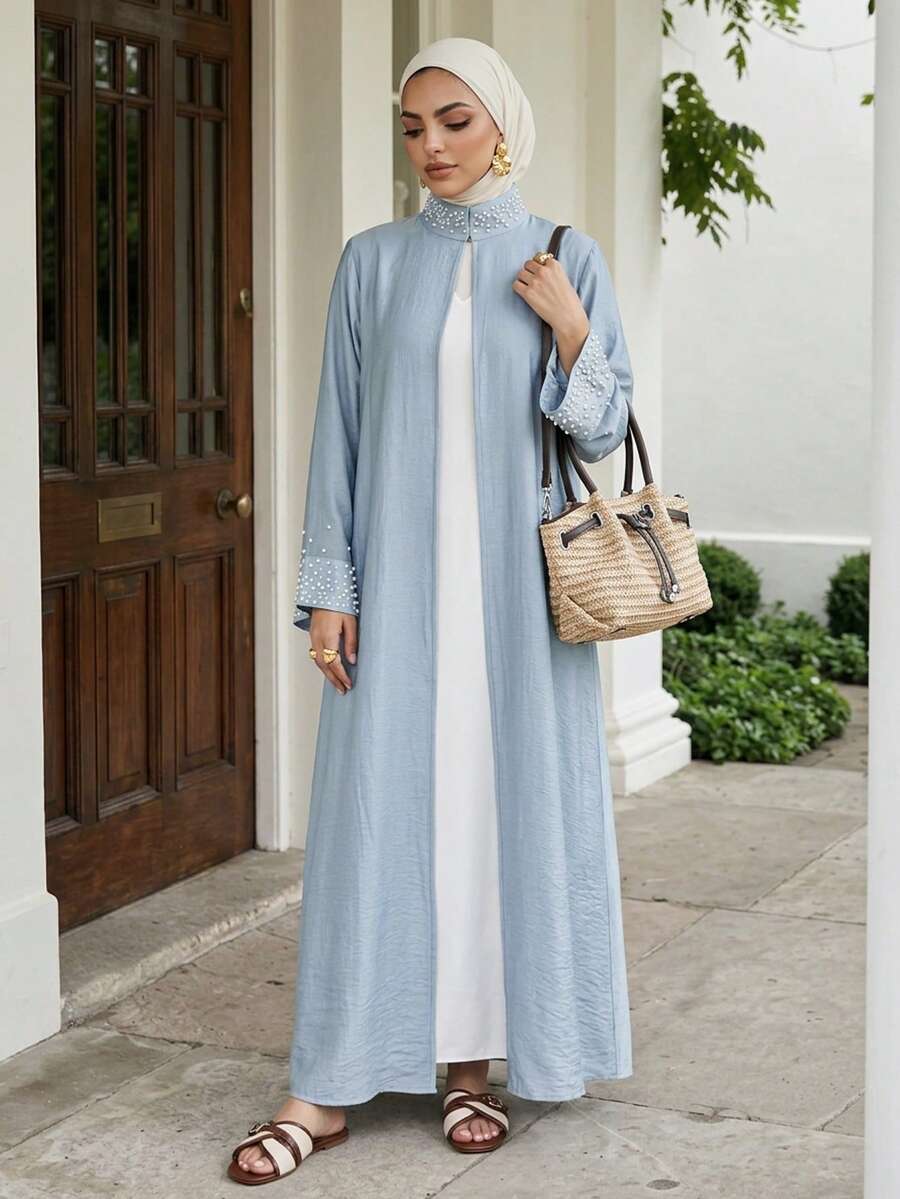 Solavon Women's Elegant Solid Color Beaded Decor Stand Collar Arabic Abaya, Modest Robe