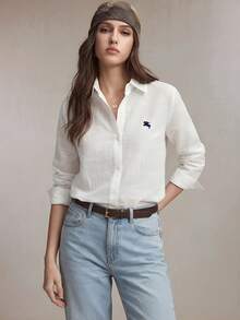 BizChic Áo sơ mi nữ mùa xuân/hè mới, cổ bẻ, cài cúc phía trước, thêu hình ngựa phối màu tương phản, kiểu dáng cổ điển, năng động, đa năng. - trắng - Xem 6