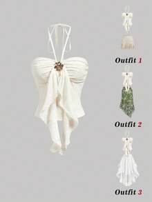 SHEIN MOD Women's Elegant Metal Decor Ruffle Backless Halter Top, Summer,Summer Top - Apricot - View 1