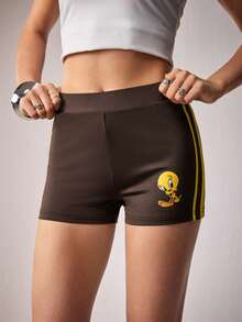 LOONEY TUNES X SHEIN Women's Contrast Color Brown Checkered Cartoon Print Leggings Gym Summer Casual Athleisure - Coffee Brown - View 3