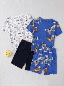 TOM & JERRY X SHEIN GraphicGems 夏季青少年男童可爱卡通联名印花柔软舒适弹力贴身短袖短裤四件套睡衣 - 彩色 - 查看 2