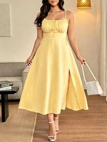 Vionelle Plus Size Spaghetti Strap Backless Waist Cinching Slit Sexy Business Casual Traditional Flapper 1920s Elegant Dress Butter Yellow Summer Brunch - Yellow - View 5
