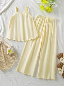 SHEIN Elladie kids Young Girl Cute Ruffle Camisole And Casual Pants Set - Yellow - View 2