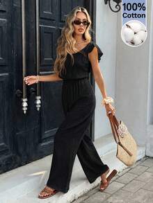 Serisse Women's Solid Color Contrast Lace Twist Back Cap Sleeve Jumpsuit - Black - View 3