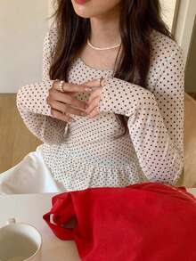 DAZY Women's Polka Dot Sheer Long Sleeve Crew Neck Undershirt, Spring/Summer - Apricot - View 2