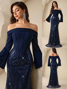 Coutiva Women's Beaded One-Piece Formal Evening Gown (Heavily Embellished) - Navy Blue - View 1