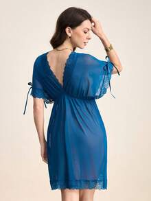 Hourtrue Lace Trim Bow Batwing Sleeve Mesh Pajama Nightdress - Teal Blue - View 2