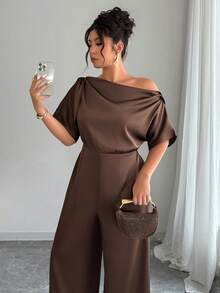 SHEIN Clasi 大码女士连体裤，肩部系带，收腰阔腿设计，时尚优雅，适合工作和派对场合。 - 咖啡棕 - 查看 5