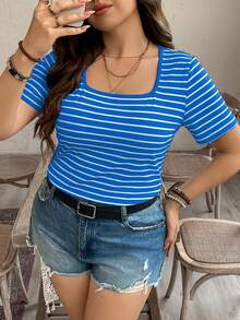 SHEIN LUNE Áo thun nữ size lớn kẻ sọc đen trắng cổ vuông tay ngắn phong cách casual thanh lịch, thời trang phương Tây boho bohemian thập niên 90, đồ đi chơi lễ hội mùa hè mùa xuân, phong cách old money, outfit ngày lễ Saint Patrick, lễ Phục sinh, đồ đi biển, bộ đồ mặc nhà, đồ đi nghỉ mát mùa hè, đồ rave lễ hội, thời trang nữ phong cách country, outfit đi xem concert country cho nữ - Xanh và trắng - Xem 1