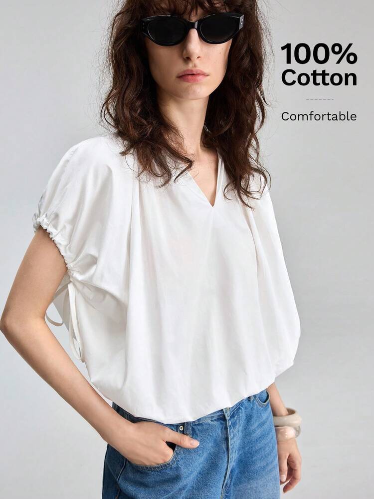 Women's Solid V-Neck Casual Versatile Daily Wear Top All-Season Versatile Modern Urban Fashion Business Casual Women's Wear Office Attire Understated Old-Money Style, Elegant And Sophisticated, High-Quality Commuter And Airport Clothes Bohemian Style Vacation Outfits Seaside Women's Clothing, Country Music Concert Style, Western Style Clothing, Nomadic Casual Fashion Boho High-End, Elegant, Old-Fashioned Cruise Attire For Wedding Guests