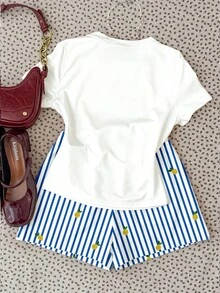 2pcs/Set Teen Girl Sweet Retro Cream Lemon Bow Print Casual Loose Round Neck Short Sleeve T-Shirt And Striped Shorts, Suitable For Spring/Summer - Multicolor - View 2