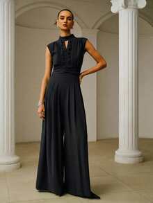ZEYLAH Elegant Gathered Wide Leg Jumpsuit, Spring/Summer - Black - View 4