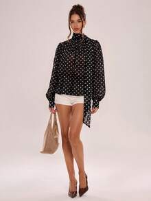 Avenya Vintage Polka Dot Ruched Long Sleeve Chiffon Blouse - Multicolor - View 5