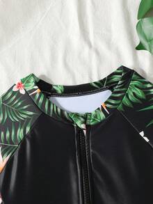 SHEIN 少女热带花卉印花拉链长袖防晒衣和短裤两件套泳装，适合海滩、度假、冲浪 - 黑色 - 查看 3