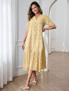 Miaspire Đầm nữ phong cách Bohemian, in họa tiết toàn thân, cổ chữ V, tay phồng, thích hợp cho kỳ nghỉ hè. - Màu vàng - Xem 4