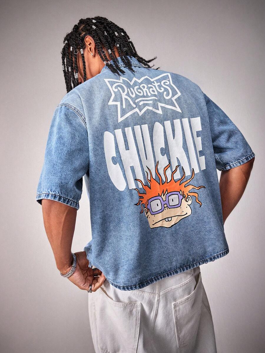 Nick 90s | SHEIN Men's Casual Fashionable Street Daily Commute Funny Cartoon Letter Print Short Sleeve Denim Shirt, Summer - Medium Wash - View 1