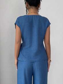 Elenzga Blusa ajustada elegante de mujer con cuello redondo azul, puños con lazo y drapeado, para primavera/verano - Azul - Ver 2