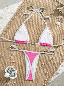 Swim Vcay Summer Beach Contrast Binding Halter Triangle Bikini Set - Hot Pink - View 3