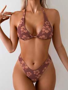 Swim Vcay Conjunto de bikini sexy con impresión de flores para playa de verano para mujer con cuello halter y lazo - Multicolor - Ver 3