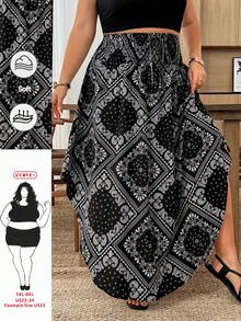 SHEIN CURVE+ Plus Size Women's Solid Color Curved Hem Tie-Front Summer Vacation Print Skirt - Black - View 1