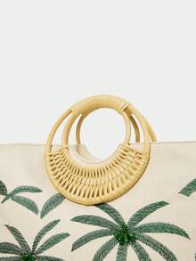 SHECARRY 女士手提包，托特包，椰子樹圖案刺繡，珠飾裝飾，木製手把，時尚，優雅，簡單百搭，適合海灘、度假、節日、夏季、海邊、海灘派對（隨機圖案） - 杏色 - 查看 7