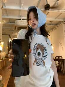 DAZY Kaos Wanita Lengan Pendek Leher Bulat Motif Kartun Anak Anjing, Gaya Korea Musim Semi/Panas - Putih - View 3