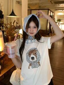 DAZY Kaos Wanita Lengan Pendek Leher Bulat Motif Kartun Anak Anjing, Gaya Korea Musim Semi/Panas - Putih - View 7