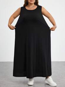 SHEIN CURVE+ 大码女式夏季连衣裙、女式夏季连衣裙、女式度假连衣裙、女式夏季连衣裙、毕业礼服、商务休闲女式连衣裙、女式办公连衣裙、毕业礼服、新款时尚休闲通勤装、条纹无袖带口袋连衣裙、长款连衣裙、A字连衣裙、黑白条纹连衣裙、休闲连衣裙/2026/新年 - 黑色 - 查看 3