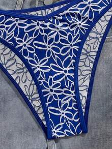 Swim Mod Bộ bikini hai mảnh mùa hè dành cho nữ, kiểu dáng dễ thương, ngọt ngào, chất liệu dệt kim jacquard họa tiết hoa, gồm áo hai dây và áo tam giác cổ chữ V. - Màu xanh lam - Xem 4