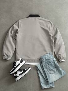 Manfinity Homme Men's Contrast Color Collar Zip Front Casual Jacket - Khaki - View 2