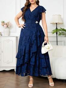 Reflora Vestido elegante de talla grande azul marino para invitada de boda de verano, con cuello en V, patchwork de malla, manga corta, unicolor, vestido formal de fiesta para mujer, madre del novio - Azul - Ver 5