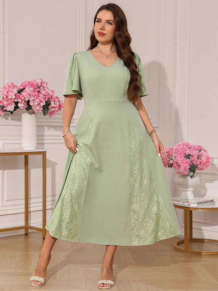 Plus Size Women Lace Patchwork Elegant Waist Cinched Party Dress