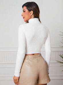 SHEIN LUNE Women's Turtleneck Cropped Sweater,Long Sleeve Tops Knit Pullover Fall Winter Sweater - White - View 2