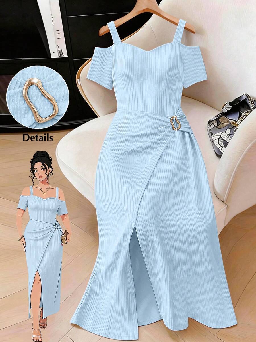 Elenzga Plus Size Solid Color Short Sleeve Dress With Thigh-High Slit And Metal Decor - Baby Blue - View 1