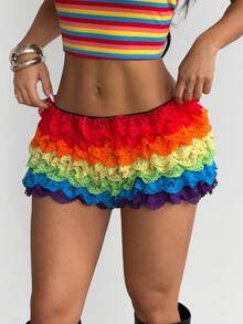 SHEIN ICON Quần short nữ cạp thấp nhiều lớp xếp ly, kiểu dáng Y2K, thích hợp cho các buổi hòa nhạc hoặc đi chơi đêm. - Nhiều màu - Xem 3