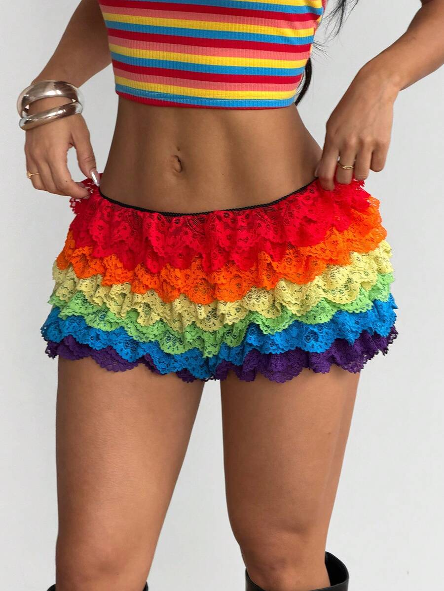 SHEIN ICON Pantalones cortos con volantes de cintura baja y múltiples capas de estilo Y2K para salir y conciertos - Multicolor - Ver 1