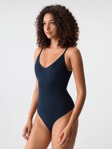 Loungeista 1pc Women's Seamless Shapewear Jumpsuit With Thong, Body Shaping Waist Cincher Butt Lifter Slimming Jumpsuitfor Summer - Navy Blue - View 5