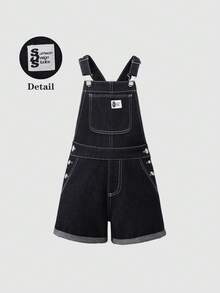 SHEIN Genkimix Kids 女童牛仔背带短裤，夏季新款甜美时尚中蓝色水洗牛仔布，蝴蝶刺绣做旧毛边设计，可调节肩带，舒适优质棉质牛仔布，日常基础款，适合上学、度假等各种场合，儿童背带裤，适合青少年女孩穿着。 - 藍色 - 查看 4