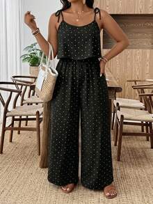 SHEIN Frenchy Bộ áo liền quần cỡ lớn bằng vải dệt chấm bi đen trắng: Kiểu dáng thoải mái, không tay, dây mảnh, dài, chi tiết thắt nút, thích hợp cho mùa hè, kỳ nghỉ, mặc hàng ngày. - Đen và trắng - Xem 6