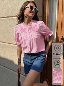 SHEIN Clasi 女士舒适刺绣条纹衬衫，优雅休闲，适合度假和户外活动，春夏款 - 粉色 - 查看 1