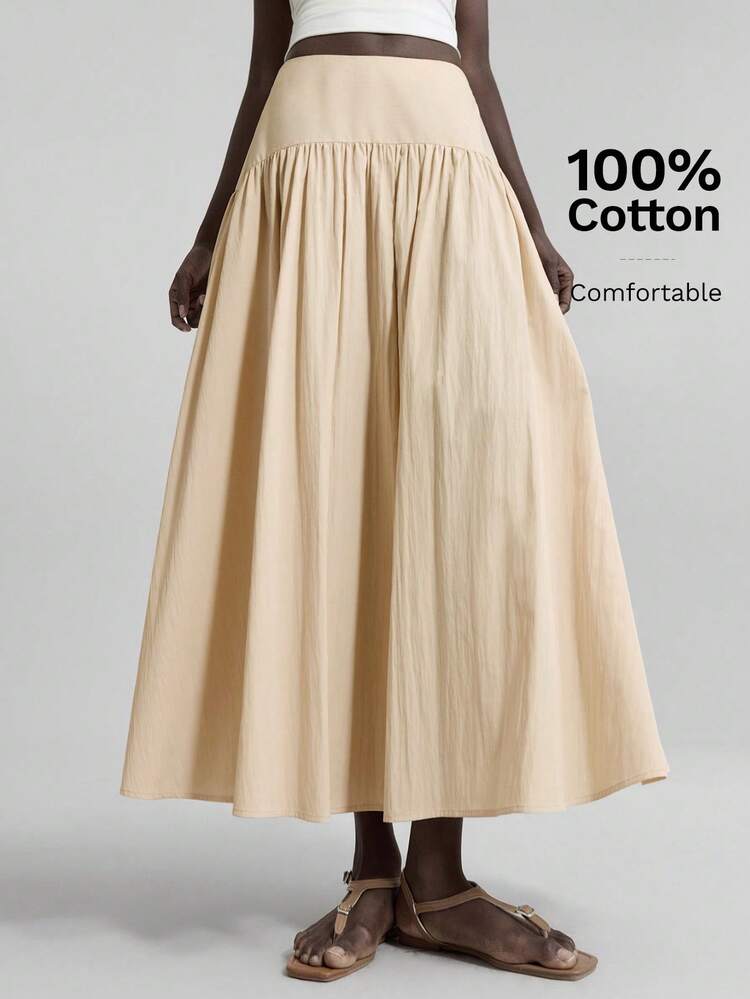 2026SS Women's Beige Summer Casual Vacation Holiday 100% Cotton Solid Color Pleated A-Line Skirt,Lightweight Elegant Elastic Waist Ruched Long Skirt