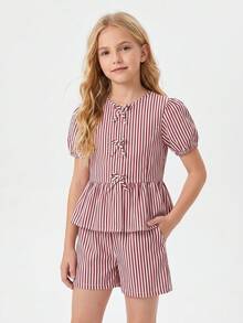 Tween Girls' Striped Vacation Style Set, Adorable Bow Decor On Front, Puff Sleeve Top + Casual Shorts, Comfortable Wear - Pink - View 2