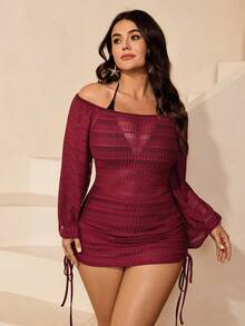 Swim SXY Plus Size Women Solid Color Off-Shoulder Long Sleeve Coverup Dress - Burgundy - View 6