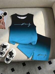 Bộ 2 món cho bé trai, gồm áo tank top cổ tròn in logo gradient và quần short, thích hợp mặc ngoài trời vào mùa hè. - Nhiều màu - Xem 6